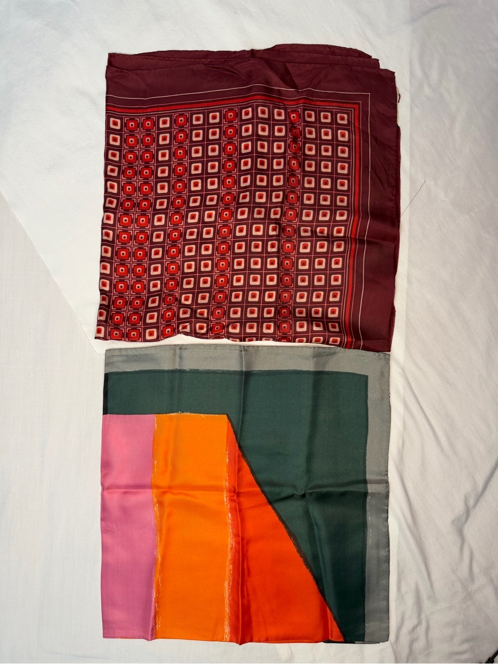 2 100% Silk Hand rolled Scarves Dion Japan Burgundy, Pink, Orange, Green. New